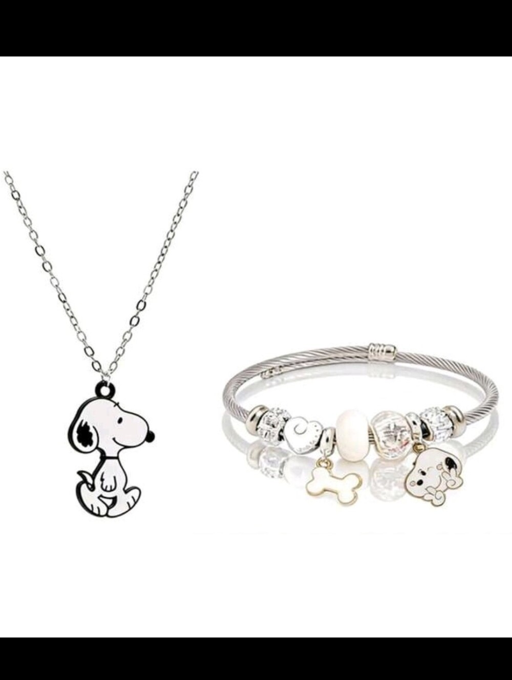 Silver Peanuts Snoopy Themed Charm Bracelet & Necklace Set